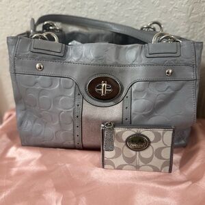 Coach Gray Signature Turnlock Shoulder Bag with coordinating card holder bundle